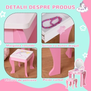 Set masuta de machiaj cu taburet pentru copii Re-Bloom, MDF/acrilic, masa 49x34x90 cm, scaun 26x26x28 cm, oglinda 25x32 cm, varsta 3-8 ani, roz/alb - Verificat A · Re-Bloom - Img 6