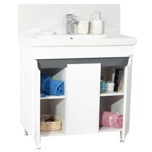 Set mobilier baie GN7561, cu lavoar ceramic, front MDF, 80 cm, 3 usi, 2 rafturi, picioare cromate reglabile, alb/antracit - Img 2