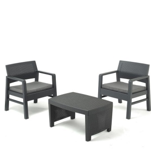 Set mobilier gradina/terasa, Prograden, TAMBO, 3 piese, polipropilena, antracit, 2 scaune 76x53x40 cm, masa 76x53x40 cm, cu perne incluse, Resigilat, Grad A