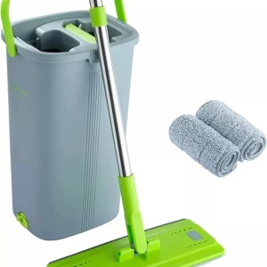 Set mop si galeata, EasyGleam, mop plat cu maner din otel inoxidabil, galeata inovatoare cu doua camere pentru utilizare umeda si uscata, 1 Rezerva, Resigilat, Grad A