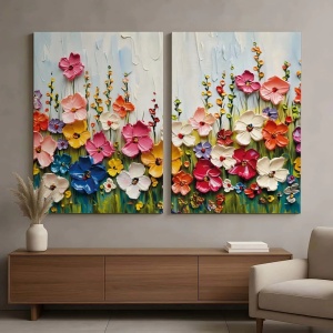 Set tablou decorativ Re-Bloom, 2 piese, model floral, panza/lemn, multicolor, 80 x 120 cm - Img 2