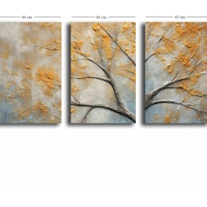 Set tablou decorativ Re-Bloom, 3 piese, lemn masiv/panza, gri/galben, 145 x 70 cm - Img 2
