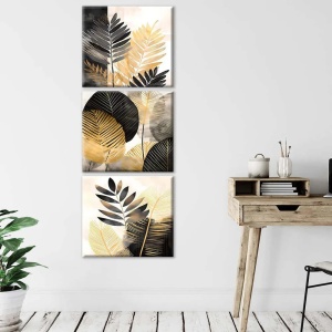 Set tablou decorativ Re-Bloom, 3 piese, lemn/panza, negru/auriu, 30 x 30 cm - Img 4