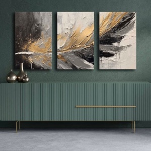 Set tablou decorativ Re-Bloom, 3 piese, model pana, lemn masiv/panza, 145 x 70 cm