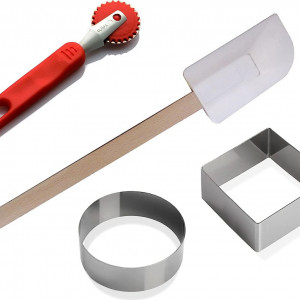 Set taietor, spatula si 2 forme pentru prajituri ZASEVES, otel inoxidabil/plastic, argintiu/alb/rosu - Img 1