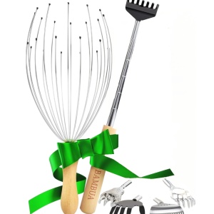 Set ustensila de scarpinat pentru spate cu 5 capete si ustensila de masaj pentru par Bambua, metal/bambus, natur/argintiu/negru