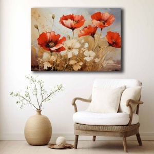 Tablou canvas Re-Bloom, model floral, lemn masiv/panza, bej/rosu, 70 x 100 cm - Img 4