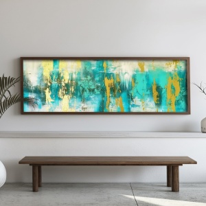 Tablou decorativ Re-Bloom, lemn masiv/MDF, albastru/auriu, 40 x 120 x 3,5 cm - Img 4
