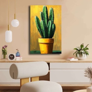 Tablou decorativ Re-Bloom, model cactus, panza/lemn, galben/verde, 45 x 70 cm - Img 1