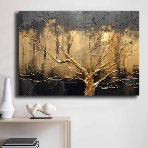 Tablou decorativ Re-Bloom, model copac, lemn/panza, auriu/negru, 70 x 100 cm
