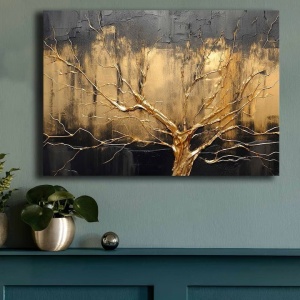 Tablou decorativ Re-Bloom, model copac, lemn/panza, auriu/negru, 70 x 100 cm - Img 2