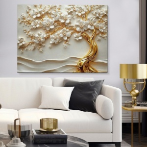 Tablou decorativ Re-Bloom, model copac, panza/lemn, alb/auriu, 70 x 100 x 3 cm - Img 3