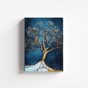 Tablou decorativ Re-Bloom, model copac, panza/lemn masiv, albastru/auriu, 60 x 90 cm