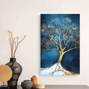 Tablou decorativ Re-Bloom, model copac, panza/lemn masiv, albastru/auriu, 60 x 90 cm - Img 4