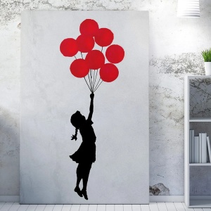 Tablou decorativ Re-Bloom, model fata cu baloane, lemn, gri/negru/rosu, 50 x 70 x 3 cm - Img 1