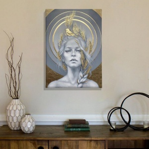 Tablou decorativ Re-Bloom, model femeie, panza/lemn, gri/auriu, 70 x 100 cm - Img 4
