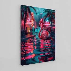 Tablou decorativ Re-Bloom, model flamingo, panza/lemn, multicolor, 70 x 100 cm - Img 1