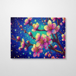 Tablou decorativ Re-Bloom, model floral, panza/lemn, multicolor, 70 x 100 cm