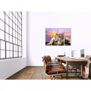 Tablou East Urban Home, 4 piese, model Tigru, panza/lemn, multicolor, 90 x 130 x 3 cm