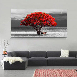 Tablou modern Hyidecorart, copac, gri/rosu, panza/lemn, 100 x 50 cm - Img 7