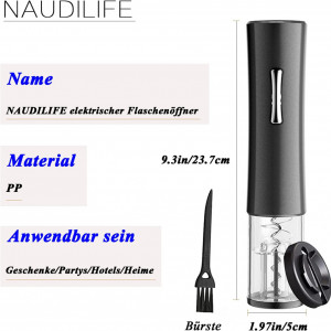 Tirbuson electric NAUDILIFE, plastic/otel inoxidabil, negru/argintiu, 23,7 x 5 cm - Img 2