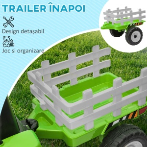 Tractor electric pentru copii cu remorca detasabila, PP/metal, 136.5x50x52.5 cm, baterie 12V 4.5Ah, viteza 3-6km/h, telecomanda 15m, autonomie 45min, capacitate 30kg, certificat EN71/EN62115, varsta 3-6 ani, verde/gri/negru - Verificat A · Re-Bloom - Img 6