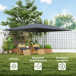 Umbrela de gradina cu brat lateral, metal/poliester, 355x382x258 cm, baza cruce 100x100cm, rotatie 360°, inclinabila, deschidere manuala, rezistenta vant nivel 3-4, gri - Verificat A · Re-Bloom - Img 5