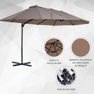 Umbrela dubla anti-UV impermeabila Re-Bloom, poliester/otel, diametru 270 cm, inaltime 250 cm, baza 100x100 cm, 18 kg, maro - Verificat A · Re-Bloom - Img 5