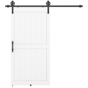 Usa glisanta stil rustic, MDF/pin/otel carbon, panou 106.6x3.5x213.4 cm, sina 213.4cm, maner inclus, 2 ghidaje podea, alb/negru - Verificat A · Re-Bloom
