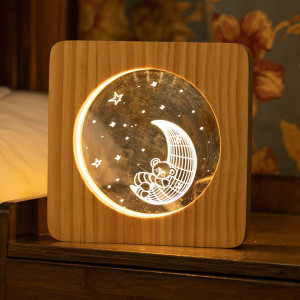 Veioza OSVINO, LED, model ursulet si luna, lemn masiv, natur, 19 x 19 x 3 cm - Img 1