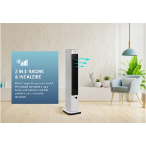 Ventilator turn Heinner HTFA-M20WH, 2 IN 1: Racire/Incalzire, Control touch, Display LED, 3 Viteze racire, 2 viteze incalzire, Termostat digital, Telecomanda, Alb, RESIGILAT, 1 AN GARANTIE - Img 5