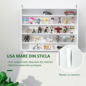 Vitrina suspendata de perete 80x9.5x60 cm, 5 rafturi reglabile, 2 usi glisante sticla, PAL, pentru figurine si parfumuri, alb - Verificat A · Re-Bloom - Img 6