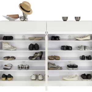 Xora pantofar 160.3x104.5x34.5 cm, 40-45 perechi, 4 usi batante, 2 sertare, 8 polite fixe 25mm, MDF lucios, alb/inox - Verificat A · Re-Bloom - Img 3