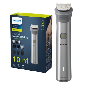 Aparat de tuns barba si parul 10 in 1 PHILIPS Multigroom All in One MG5920/15, tehnologie BeardSense, lame din otel cu auto-ascutire, 11 setari de lungime, rezistent la apa, husa, Negru / Argintiu, Resigilat, Grad A - Img 1