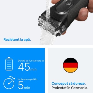 Aparat electric de ras Braun Series 3+ 3000BT, 3 Lame Flexibile, Microcomb pentru eficienta, Accesoriu de tuns barba, +5 piepteni, Utilizare umeda/uscata, Fabricat In Germania, Gri, Resigilat, Grad A - Img 6