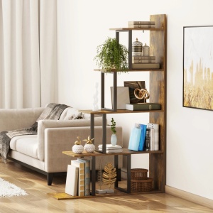Biblioteca stil industrial Re-Bloom, 5 nivele, PAL, negru/maro rustic, 102 x 30 x 160 cm, Resigilat, Grad A - Img 2