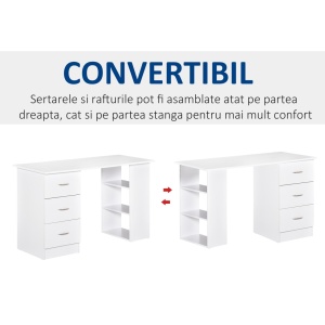 Birou modern cu 3 sertare si rafturi, placi aglomerate, 120x49x72 cm, raft 36.5x24cm + sertar 27.5x33.5x12cm, capacitate 20kg, alb - Verificat A · Re-Bloom - Img 4