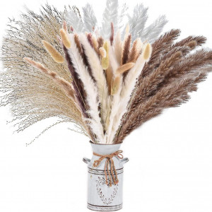 Buchet de 73 fire pampas Sunshine Smile, flori uscate, alb/maro, 43 cm 