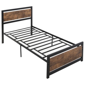 Cadru de pat single stil industrial, otel/MDF, 97x208x103 cm, sipci incluse, capacitate 150kg, negru/maro rustic - Verificat A · Re-Bloom