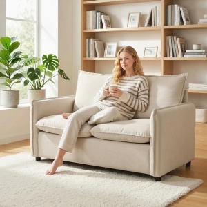 Canapea compacta 2 locuri, tesatura aspect piele poliester/spuma/metal/lemn, 131x73x80 cm, sezut 110x50x44cm perna 15cm, spatar perna 17cm, capacitate 240kg, alb crem - Verificat A · Re-Bloom - Img 5