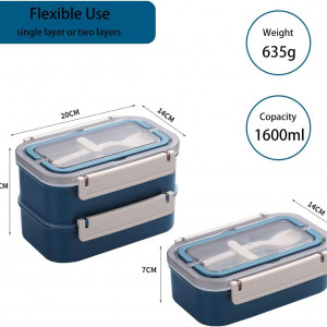 Caserola cu 2 compartimente si tacamuri pentru pranz MELISEN, plastic/otel inoxidabil, albastru, 20 x 14 x 13 cm - Img 7