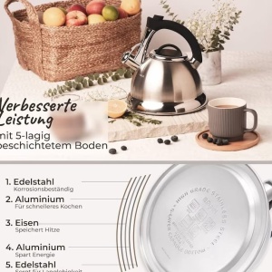 Ceainic cu fluier, Pykal, Otel inoxidabil, 3 L, 2 Infuzoare, Maner iCool, Argintiu, Resigilat, Grad A - Img 2