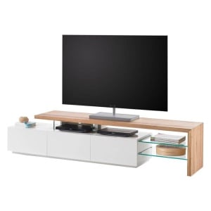 Comoda TV Molios II, MDF/sticla, alb/natur, 204 x 44 x 40 cm