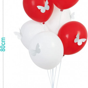 Copac cu 6 baloane cu 6 autocolante fluture PARTY GO, latex/plastic, rosu/alb, 80 cm - Img 2