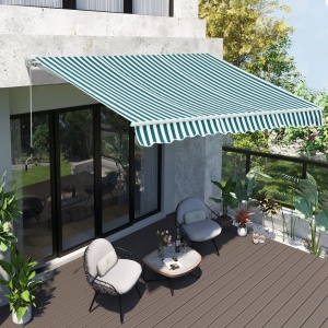 Copertina de soare cu brate reglabile si manivela, aluminiu/poliester, 295cm latime, extensie max 250cm, rola aluminiu 6cm, bara torsiune otel 35x35mm, verde/alb - Verificat A · Re-Bloom - Img 2