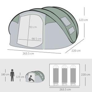 Cort de camping pop-up Re-Bloom, poliester/PE/plasa/fibra sticla, 263.5x220x123 cm, 2 persoane, 2 usi, 4 ferestre, impermeabil, 8 tarusi+4 corzi+husa incluse, verde inchis/gri - Verificat A · Re-Bloom - Img 3