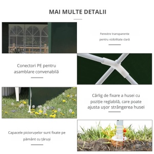 Cort de gradina 6x3m, cadru otel/tesatura PE, 5.85x2.95x2.55m, streasina 1.95m, pereti detasabili, ferestre 1.8x1.03m, 6 sfori + 12 tarusi, verde - Verificat A · Re-Bloom - Img 5