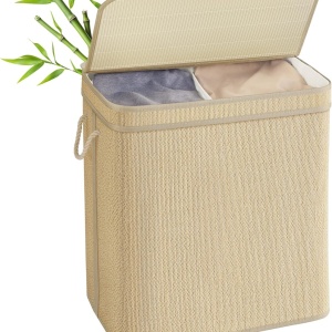 Cos pentru rufe Songmics, 2 compartimente, bambus/MDF/poliester, bej, 57 x 38 x 61 cm, Resigilat, Grad A