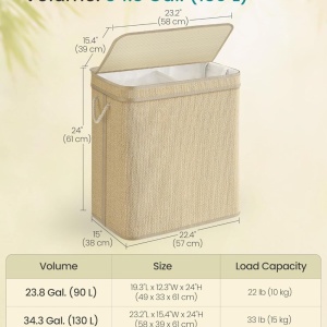 Cos pentru rufe Songmics, 2 compartimente, bambus/MDF/poliester, bej, 57 x 38 x 61 cm, Resigilat, Grad A - Img 2