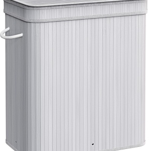 Cos pentru rufe Songmics, bambus/textil/metal, gri, 54,5 x 34,5 x 61 cm, Resigilat, Grad A